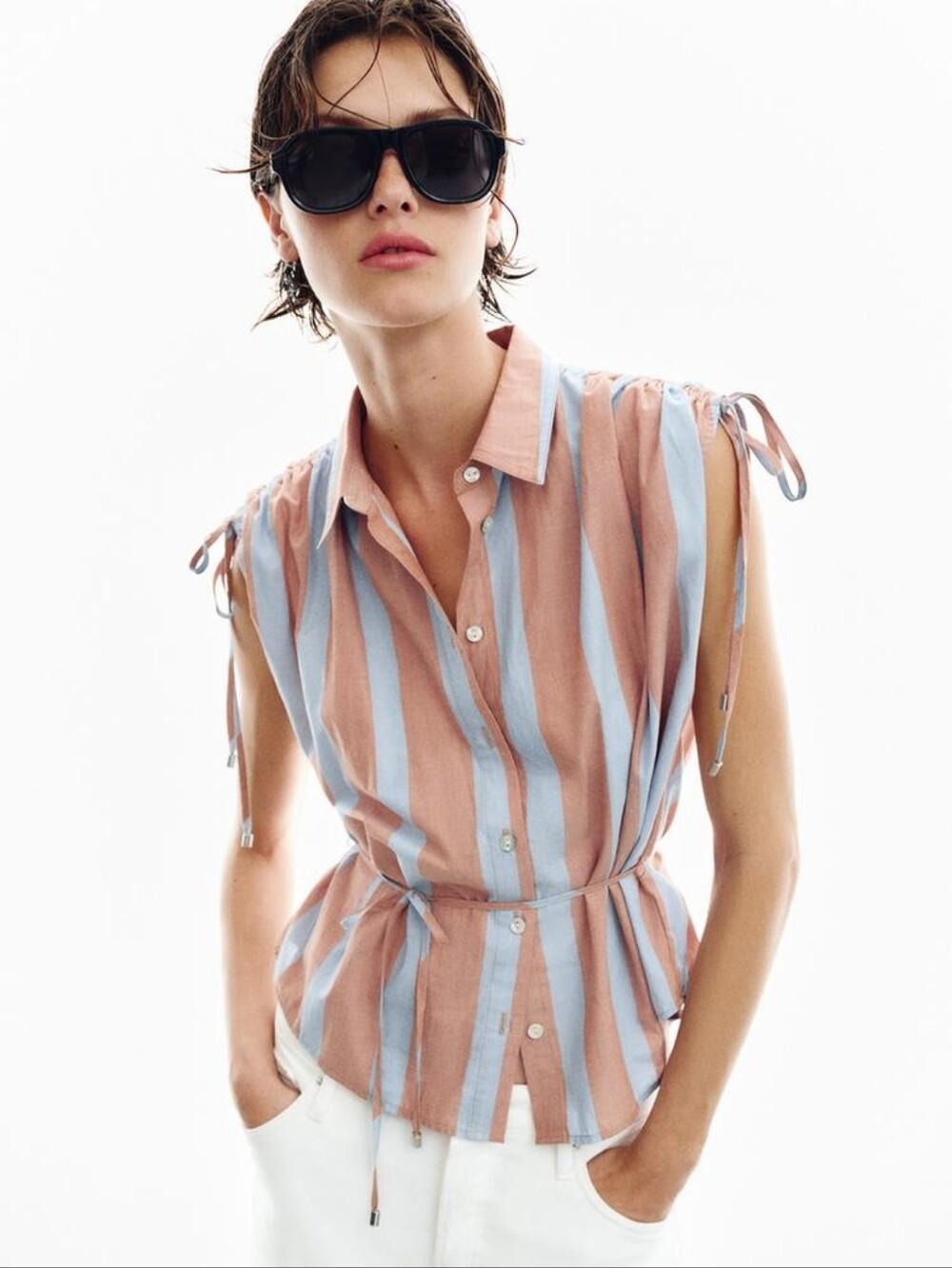 Zara Peach and Light Blue Striped Tie-Shoulder Button-Front Blouse